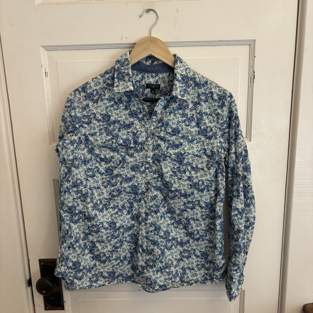 Talbots Women's Floral Print Popover Blouse Roll Tab Sleeves Cotton Size 10P